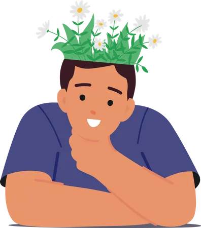 Mental Health And Mind Balance Concept With Happy Positive Male Character With Beautiful Blooming Flowers Growing In Head Positive Thinking Brain Treatment Cartoon People Vector Illustration Illustration