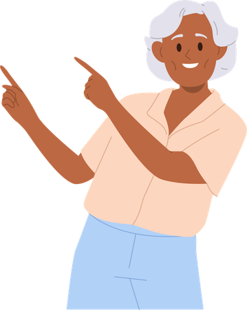 Positive old woman standing with pointing gesture indicating aside with fingers  Illustration