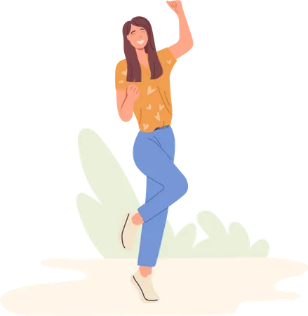 Positive overjoyed woman rejoicing jumping with raised clenching fist celebrating success  Illustration