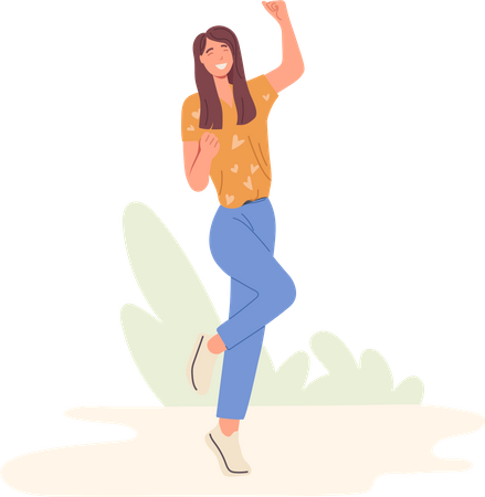 Positive overjoyed woman rejoicing jumping with raised clenching fist celebrating success  Illustration