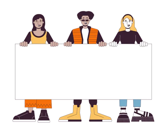 Positive Protesters Holding Blank Poster Flat Line Color Vector Characters Exclamations Editable Outline Full Body Person On White Protest Simple Cartoon Spot Illustration For Web Graphic Design Illustration