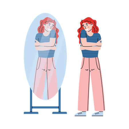 Positive self acceptance of young woman admiring on reflection in mirror  Illustration