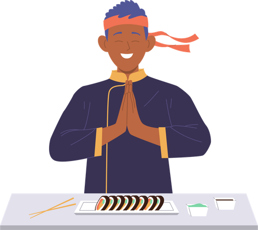 Positive sushi master serving table for clients meeting quests with smile  Illustration