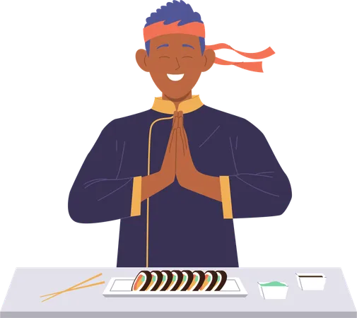 Positive sushi master serving table for clients meeting quests with smile  Illustration