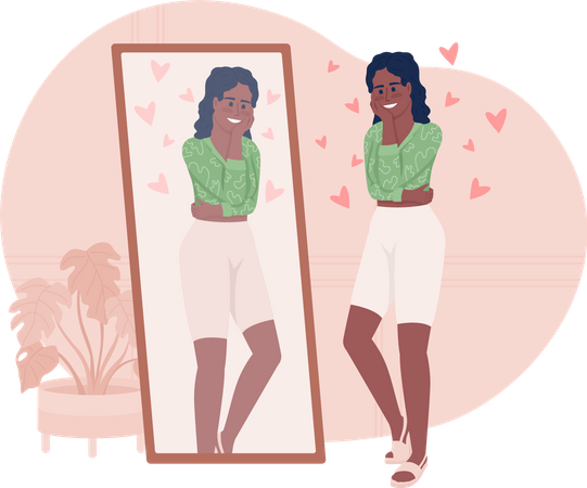 Positive woman looking at mirror Illustration