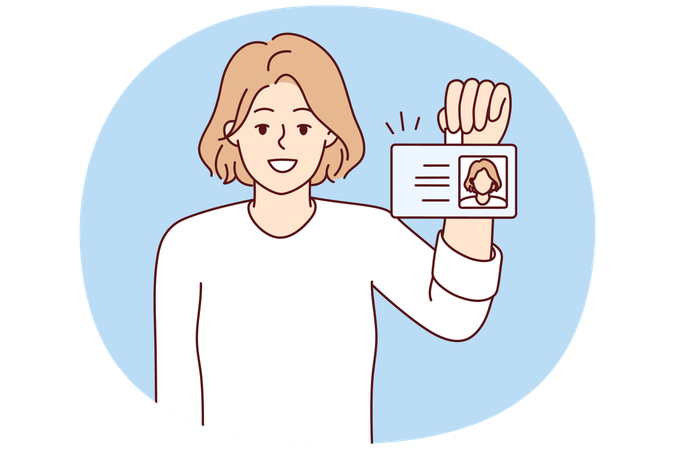 Positive woman shows badge with photo issued for use in office of corporation  Illustration