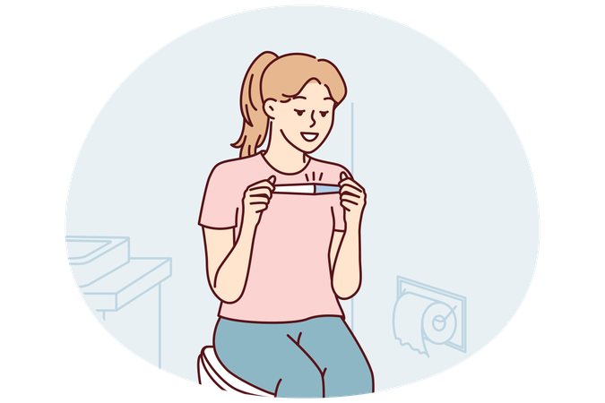 Positive woman sitting in toilet happily looking at pregnancy test result  Illustration