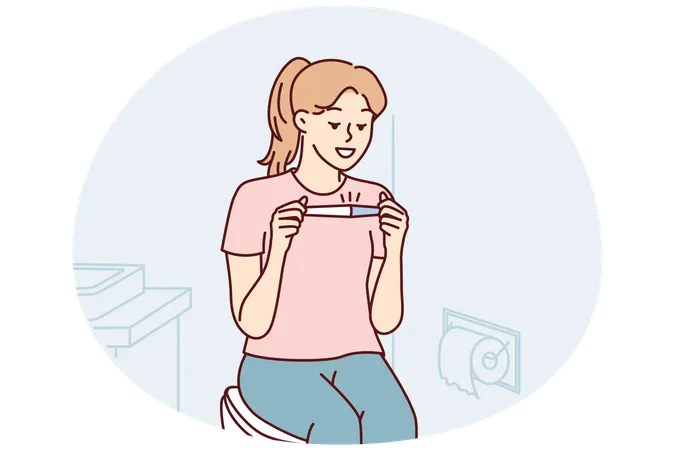 Positive woman sitting in toilet happily looking at pregnancy test result  Illustration