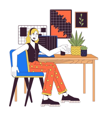 Positive Woman Talking At Office Workplace 2 D Linear Cartoon Character White Female At Computer Isolated Line Vector Person White Background Comfortable Workspace Color Flat Spot Illustration Illustration