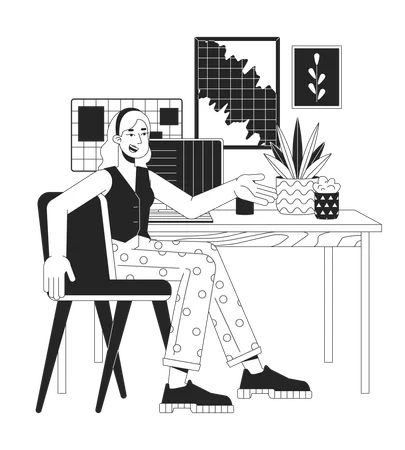 Positive Woman Talking At Office Workplace Black And White 2 D Line Cartoon Character White Female At Computer Isolated Vector Outline Person Comfortable Space Monochromatic Flat Spot Illustration Illustration