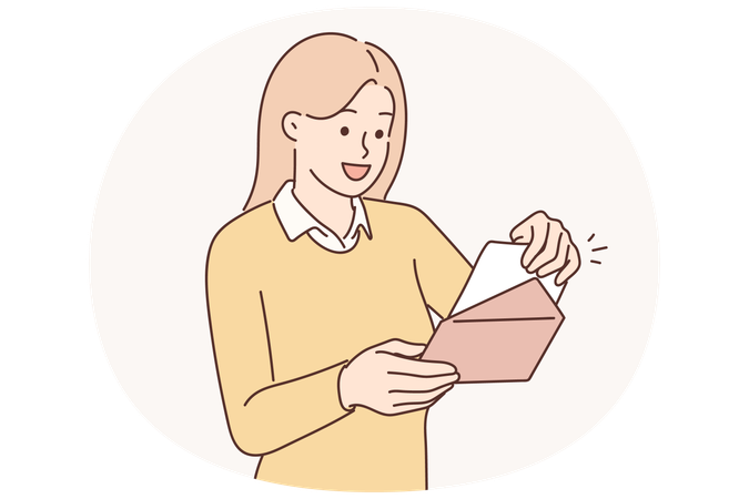 Positive woman with envelope received invitation to wedding ceremony of friends or colleagues  Illustration