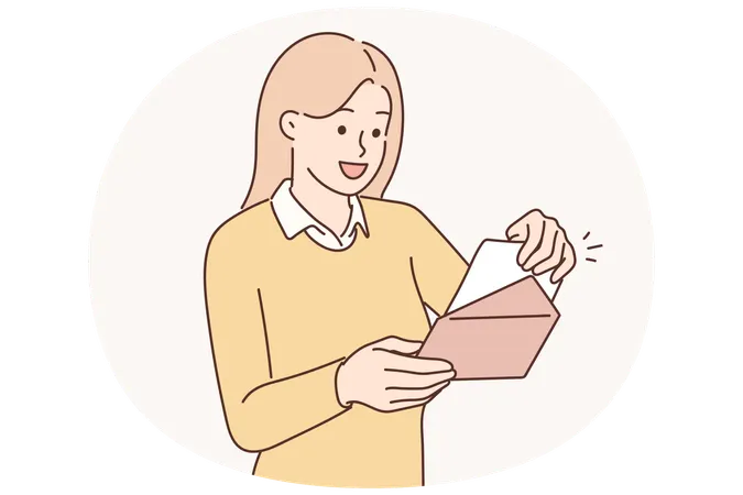 Positive woman with envelope received invitation to wedding ceremony of friends or colleagues  Illustration