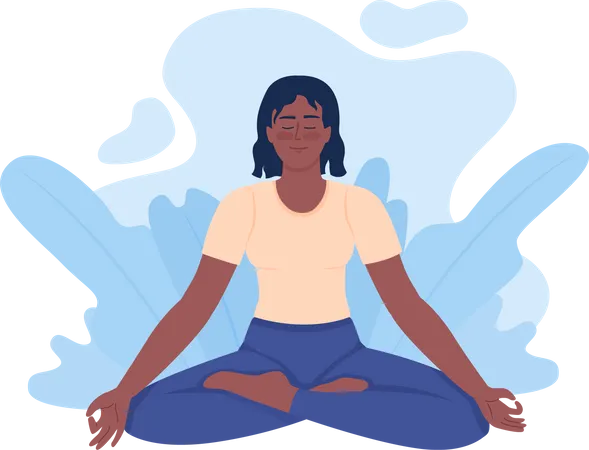 Positive young woman meditating in lotus pose  Illustration