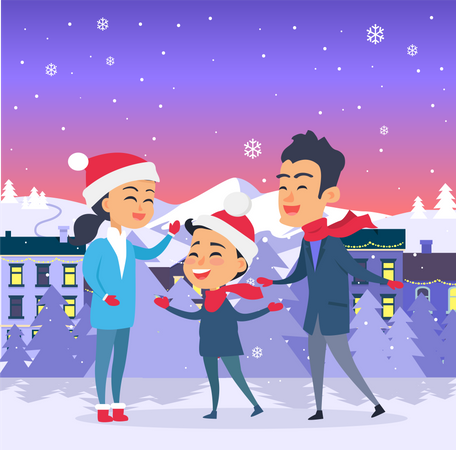 Postal con feliz Navidad en la ciudad  Ilustración