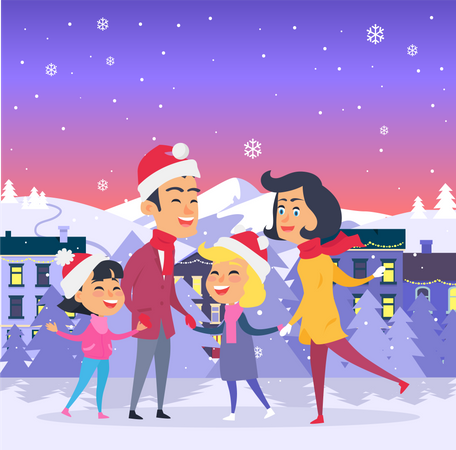 Postal con feliz Navidad en la ciudad  Ilustración