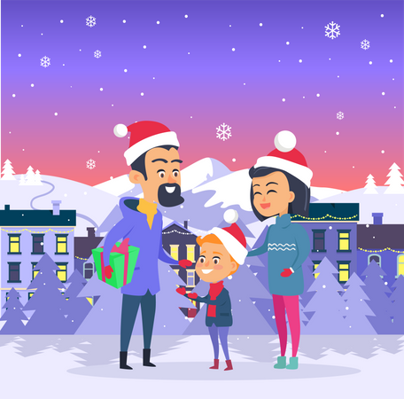 Postal con feliz Navidad en la ciudad  Ilustración