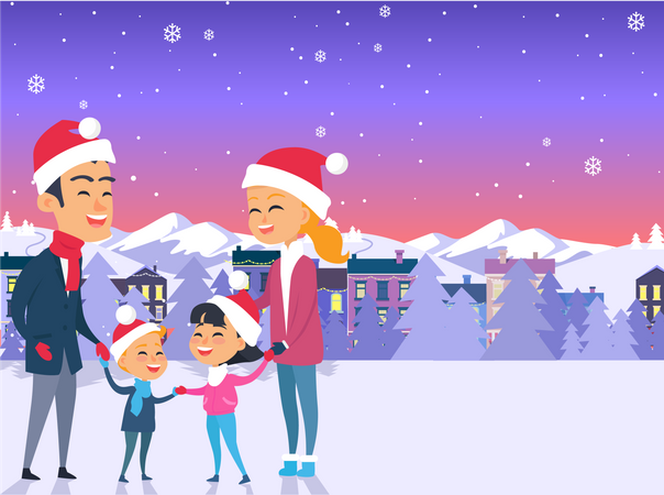 Postal con feliz Navidad en la ciudad  Ilustración