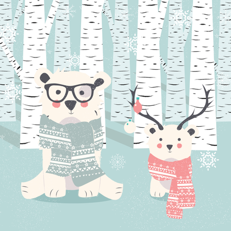 Cartão postal de feliz Natal com dois ursos brancos polares na floresta  Ilustração