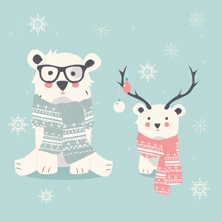 Cartão postal de feliz Natal com dois ursos polares, hipster e filhote  Ilustração