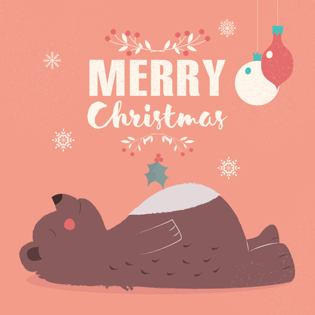 Cartão postal com letras de Feliz Natal com um lindo urso pardo deitado  Ilustração