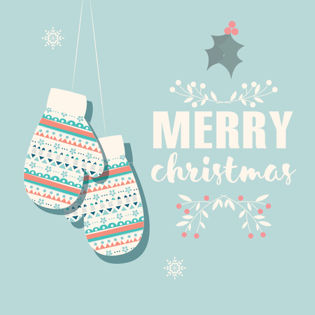 Cartão postal de feliz Natal com luvas e decoração  Ilustração