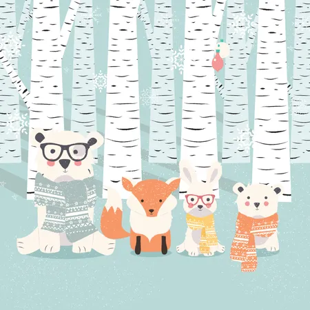 Cartão postal de feliz Natal com ursos, raposa e coelho na floresta  Ilustração