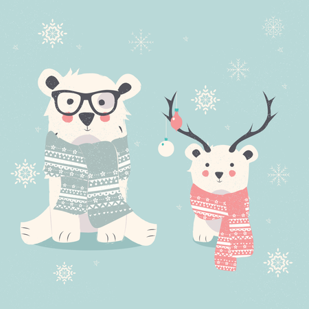 Postal de feliz Navidad con dos osos polares, hipster y cachorro.  Ilustración