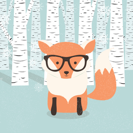 Postal de feliz Navidad con un lindo zorro naranja hipster en el bosque  Ilustración