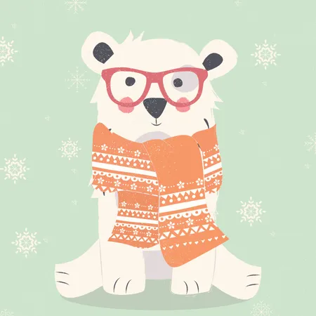 Postal de feliz Navidad con oso polar blanco hipster con bufanda  Ilustración