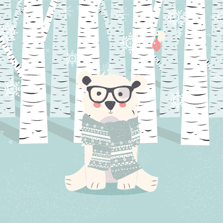 Postal de feliz Navidad con oso blanco polar hipster en el bosque  Ilustración