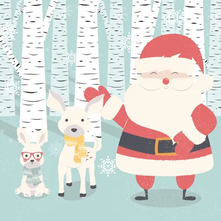 Postal de feliz Navidad con Papá Noel, ciervo, conejo en el bosque  Ilustración