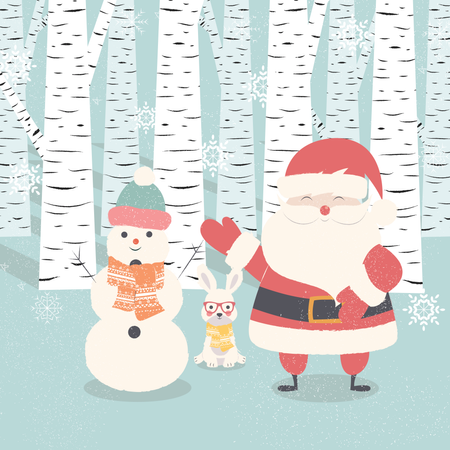 Postal de feliz Navidad con Papá Noel, muñeco de nieve y conejo en el bosque  Ilustración