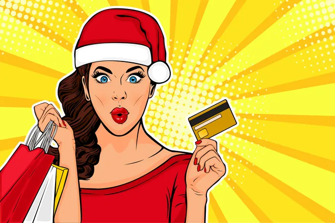 Postal de ventas de Año Nuevo 2019 o tarjeta de felicitación. WOW chica joven sexy con bolsos y tarjeta de crédito. Ilustración de vector de estilo cómico retro pop art  Ilustración