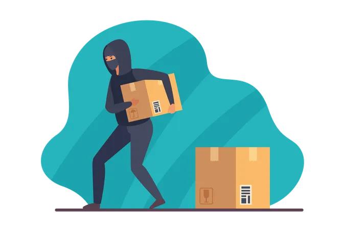 Postal Parcel Theft Vector Illustration Cartoon Thief Sneaking Away Cardboard Box Male Burglar In Disguise Mask And Hoodie Taking Away Stolen Paper Package From Mail Warehouse Or Store To Steal Illustration