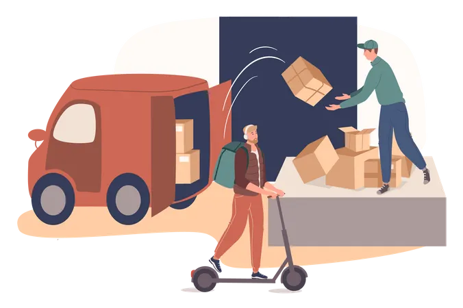 Delivery Service Web Concept Postal Service Worker Working In Warehouse Loading Parcels Courier Delivers Orders To Client People Scenes Template Vector Illustration Of Characters In Flat Design Illustration