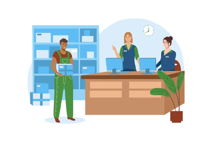 Post Office Blue Concept With People Scene In The Flat Cartoon Design Postal Workers Check The Functionality Of All Systems Before Opening Vector Illustration 일러스트레이션