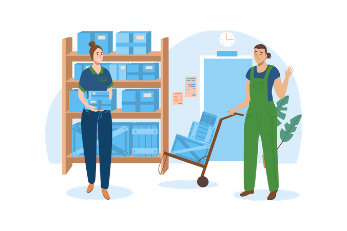 Postal workers stack boxes with parcels in warehouses  Illustration