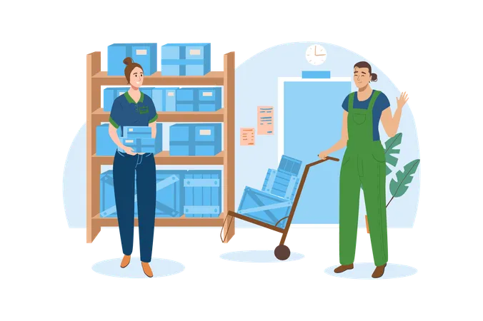 Postal workers stack boxes with parcels in warehouses  Illustration