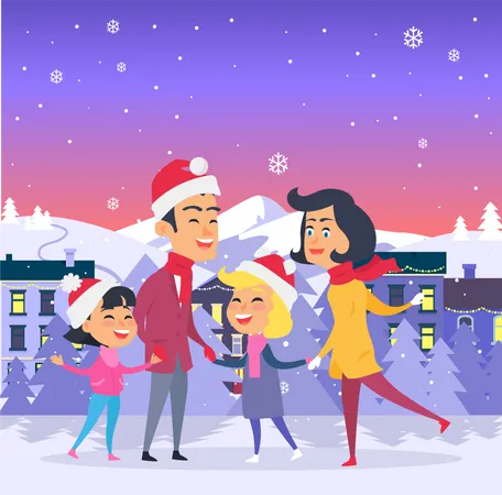 Postcard With Merry Christmas On City Background Vector Illustration Of Happy Family In Red Hats Father Mother Two Daughters On White Field Behind Family Are Mountains White Forest And Houses イラスト