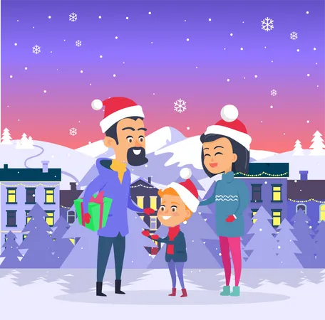 Postcard With Merry Christmas On City Background Vector Illustration Of Happy Family In Red Hats Father With Green Prerent Mother Son On White Field Behind Family Are Mountains White Forest And Houses イラスト