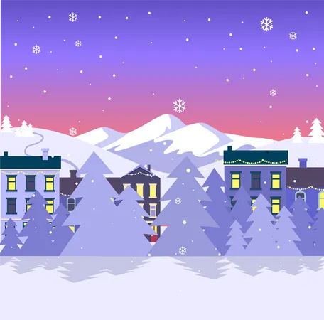 Postcard With Merry Christmas On City Background Vector Illustration Of White High Mountains Gray Forest And Blocks Of Flats Roofs Of Houses With Switched Lights Are Decorated By Colourful Festoons イラスト