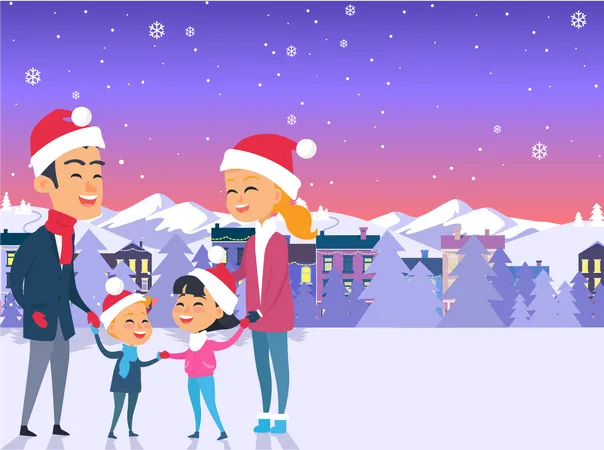 Postcard With Merry Christmas Text Vector Illustration Of Family Father With Attractive Mother Young Daughter And Son At Snowy Street In Red Hats Mountains And Houses Behind Family City Landscape Illustration