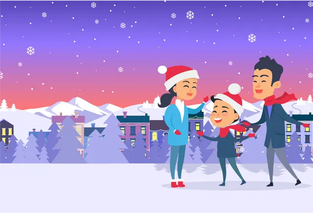 Postcard With Merry Christmas Text Vector Illustration Of Smiling Family Father Mother And Son On White Snowy Field In Red Hats Mountain Forest And Houses On The Background City Entertainment Illustration