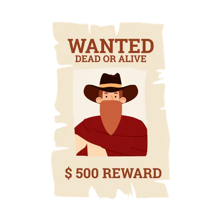 Poster with wild west bandit cowboy in hat and mask wanted for reward  Illustration