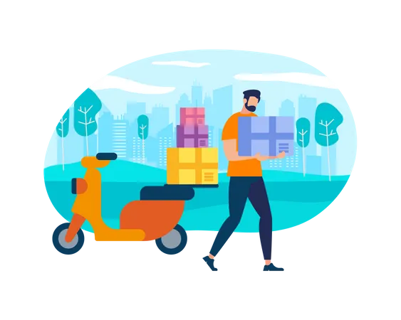 Postman Courier With Parcel on Motorbike Illustration