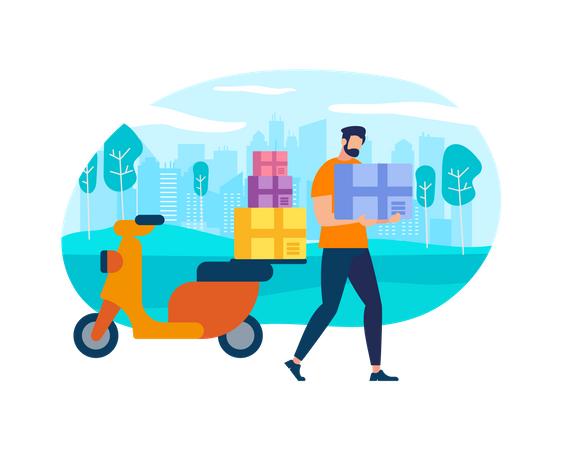 Postman Courier With Parcel on Motorbike  Illustration