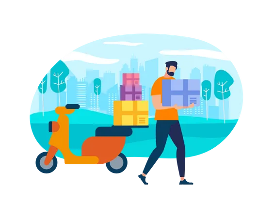 Postman Courier With Parcel on Motorbike  Illustration