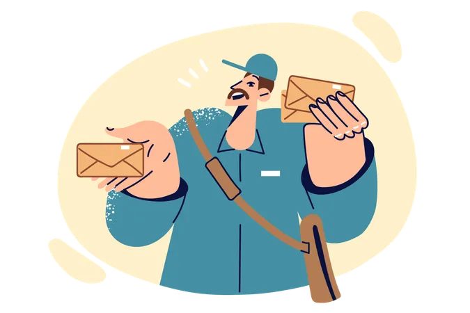 Postal Man Holds Envelopes With Letters Working As Mail Courier For State Postal Company Happy Guy In Kpek And Postman Uniform Brought Letter With Important Information For Recipient 일러스트레이션