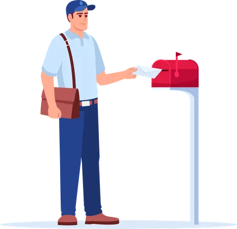 Postman Delivering Mail Semi Flat RGB Color Vector Illustration Mailman Putting Envelope In Mailbox Postal Service Male Worker Isolated Cartoon Character On White Background Illustration