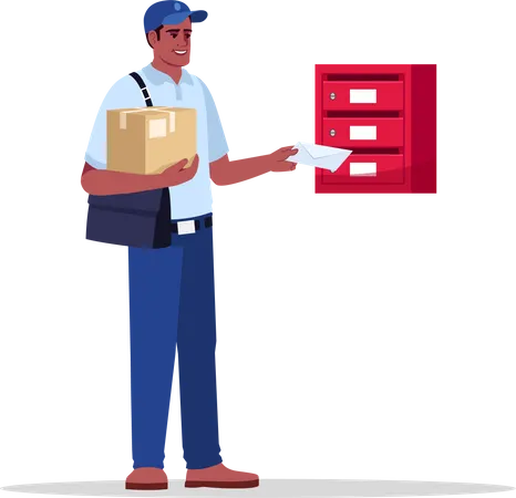 Postman Delivering Mail And Parcel Semi Flat RGB Color Vector Illustration Mailman Putting Envelope In Apartment Mailbox Postal Service Male Worker Isolated Cartoon Character On White Background Illustration